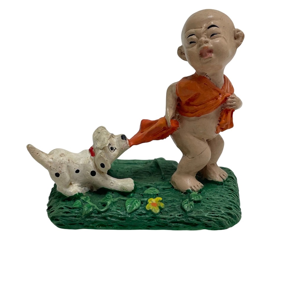 Vintage Little Monk Budda Boy Dalmatian Dog Resin Figurine Miniature Unique Rare